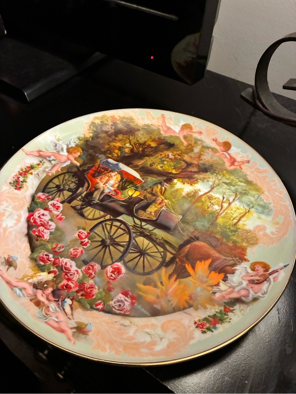 Decorative Cherub & Carriage Porcelain Plate - Pastel Floral